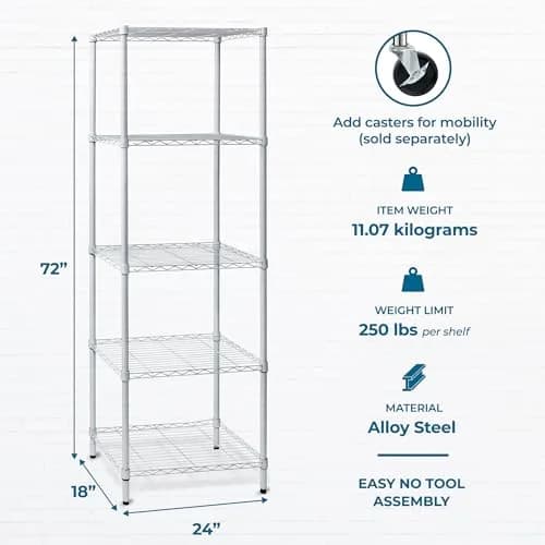 Honey-Can-Do 5-Tier Heavy Duty Adjustable Shelving Unit, 250-lb Per Shelf, NSF Certified, White Wire Shelf for Laundry Kitchen Pantry, 24 x 18 x 72 in thumbnail 8