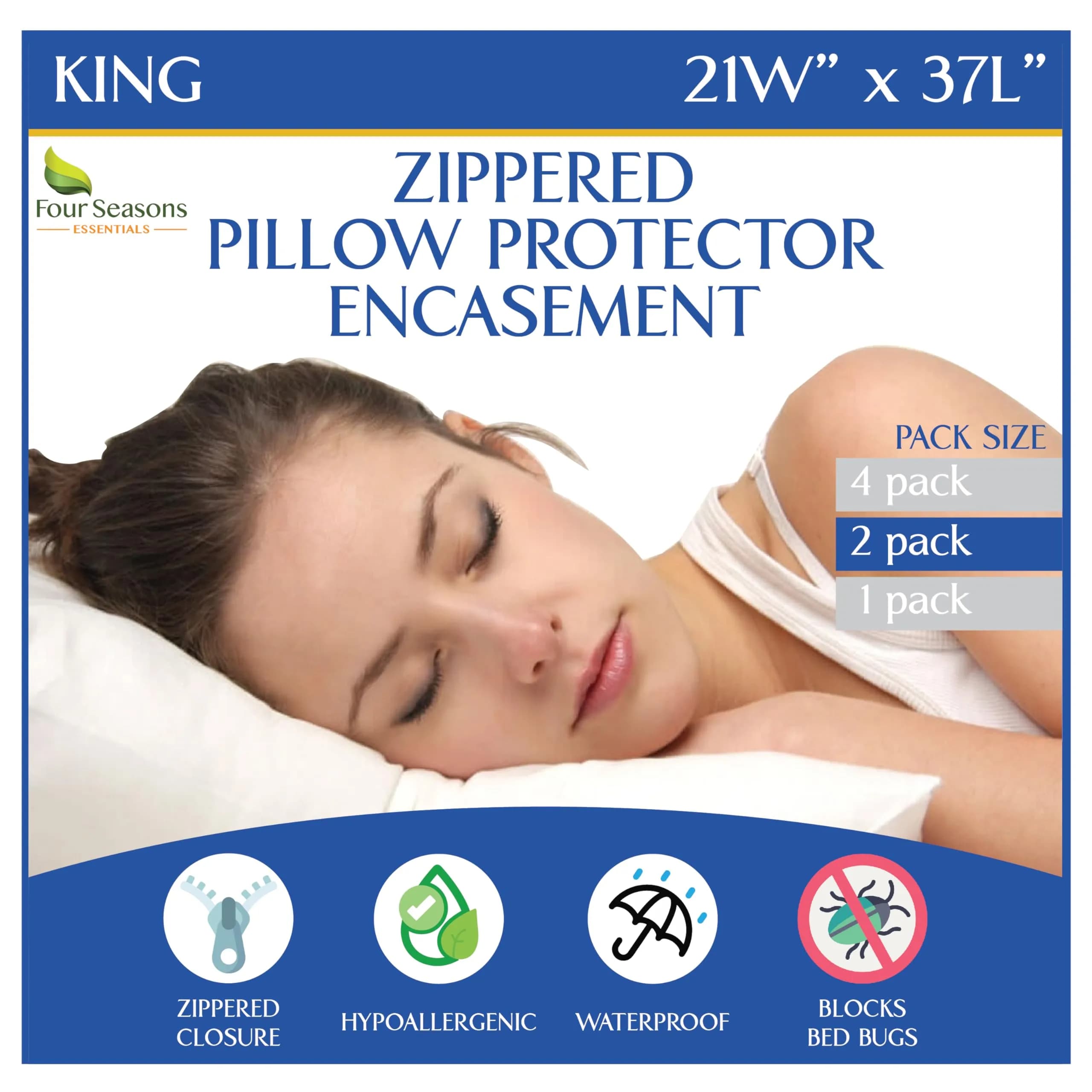 Four Seasons Essentials Waterproof King Pillow Protectors (Set of 2) – Zippered Pillow Cover 51cm x 79cm | Hypoallergenic Dust Allergy Proof Encasement