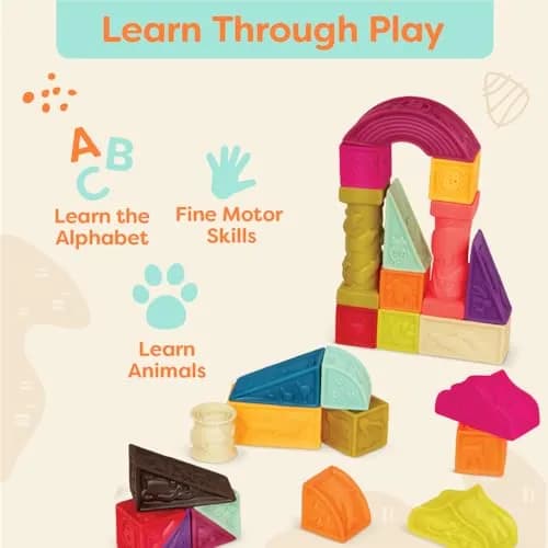 B. toys Elemenosqueeze Baby Blocks, 26 Soft Alphabet Building Blocks | Educational & Sensory Play for Ages 6 Months+ thumbnail 3