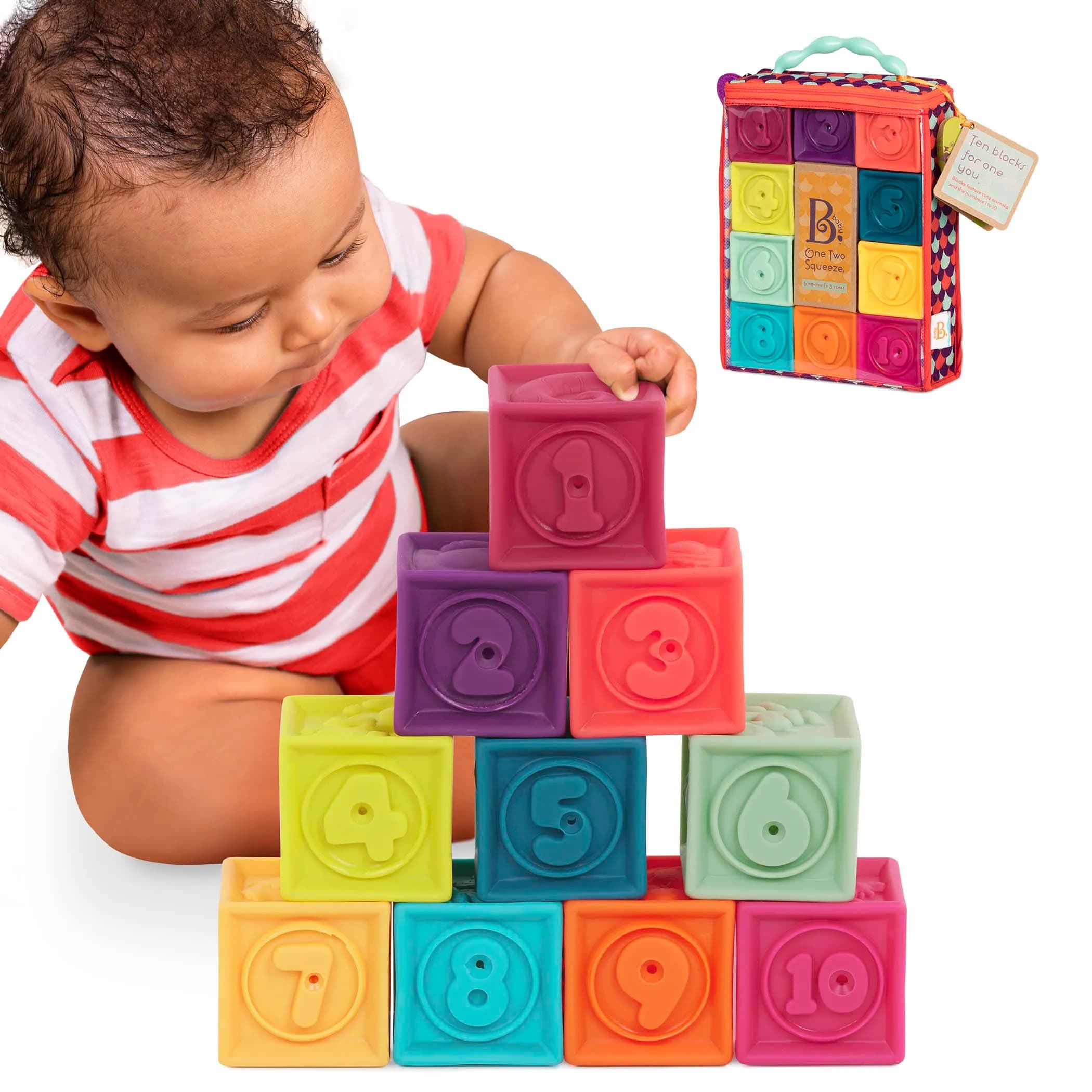 B. toys One Two Squeeze Soft Stacking Blocks 10-Piece Set | Educational Toy for Babies 6+ Months