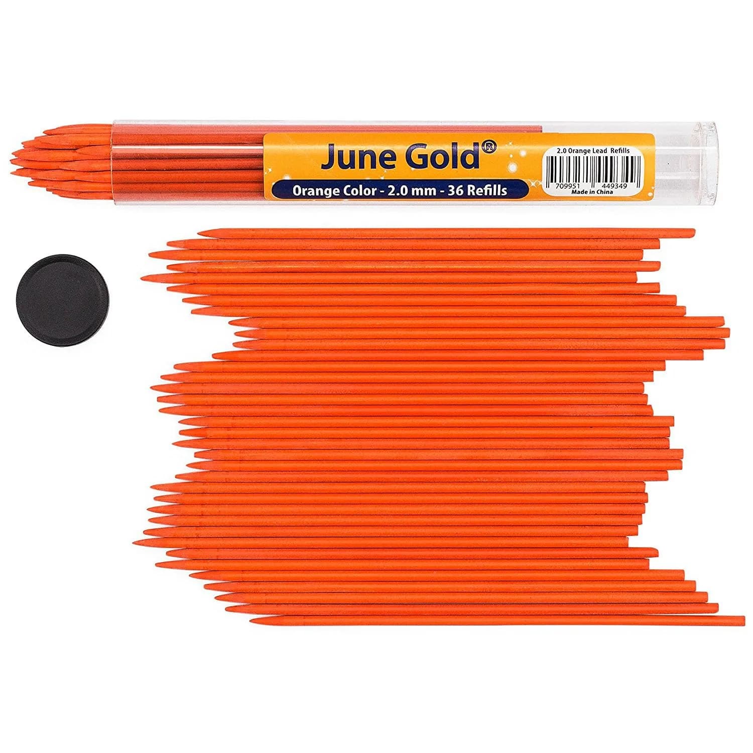 June Gold 36 Assorted Colored 2.0 mm Lead Refills | Vibrant, Break-Resistant, Pre-Sharpened for Heavy Use — Orange (Carrot #102)
