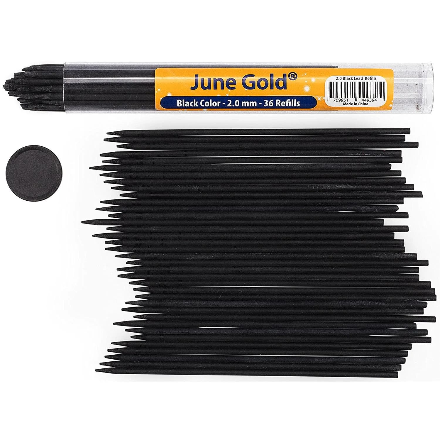 June Gold 36 Assorted Colored 2.0 mm Lead Refills | Vibrant, Break-Resistant, Pre-Sharpened for Heavy Use — Black (Raven #108)