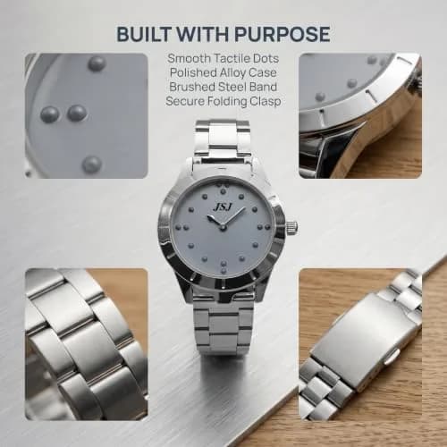 VISIONU Tactile Braille Watch for Men, 38mm Case with Silver Metal Band | Analog Display thumbnail 4