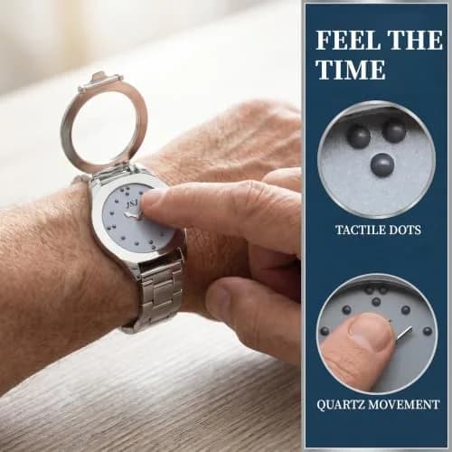 VISIONU Tactile Braille Watch for Men, 38mm Case with Silver Metal Band | Analog Display thumbnail 3