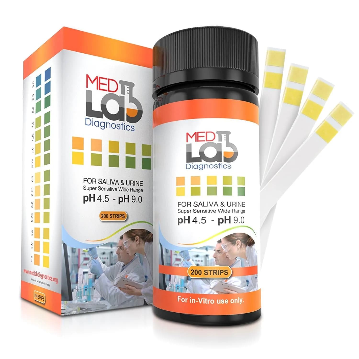 Med Lab Diagnostics 200 pH Test Strips 4.5–9.0 for Urine and Saliva Body pH Testing | Accurate Home Health Monitoring - main product image