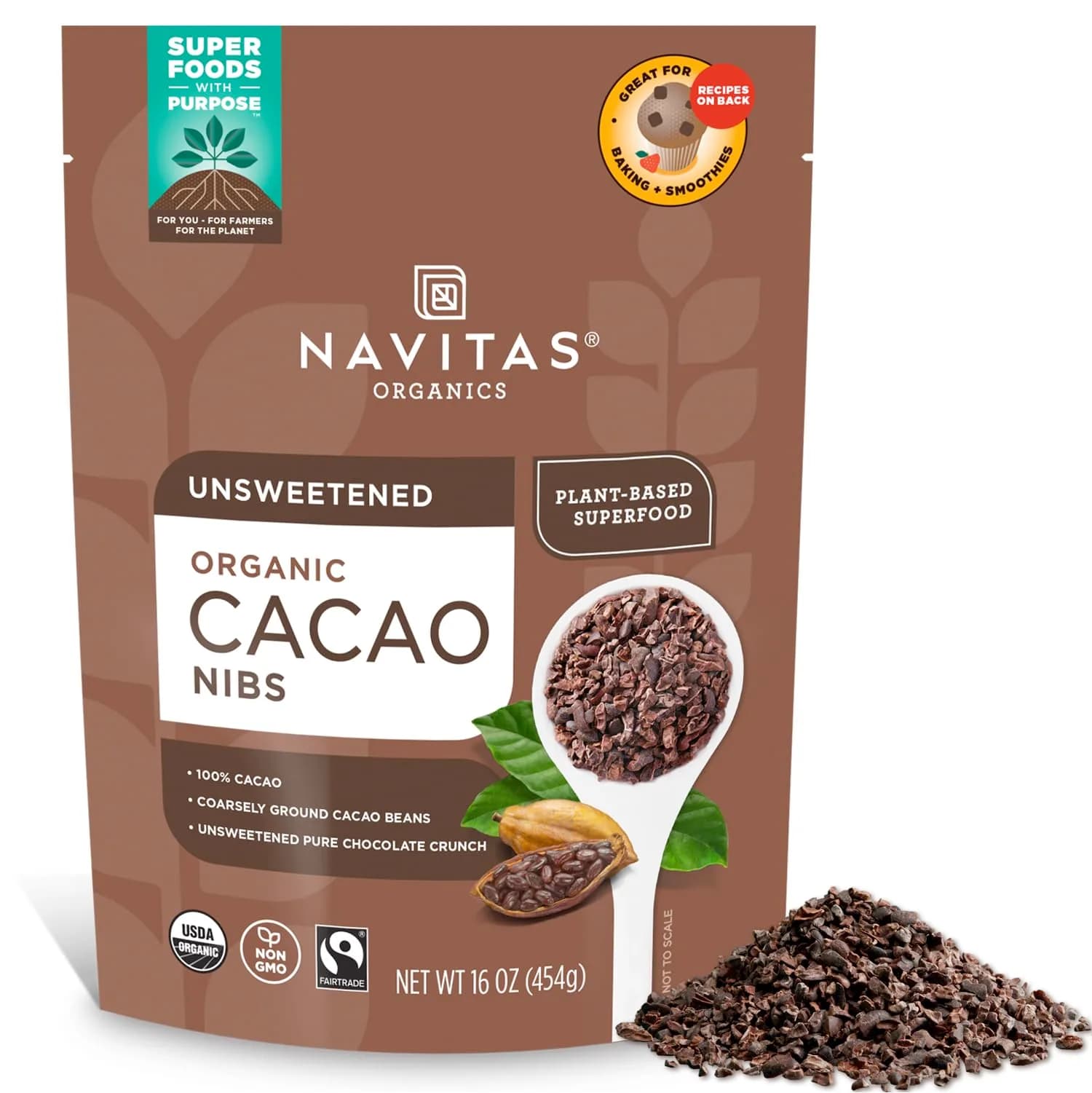 Navitas Organics Cacao Nibs – Unsweetened Dark Chocolate Crunch – Antioxidants, Minerals, Fiber – 16oz (454g) | USDA Organic & Fairtrade - main product image