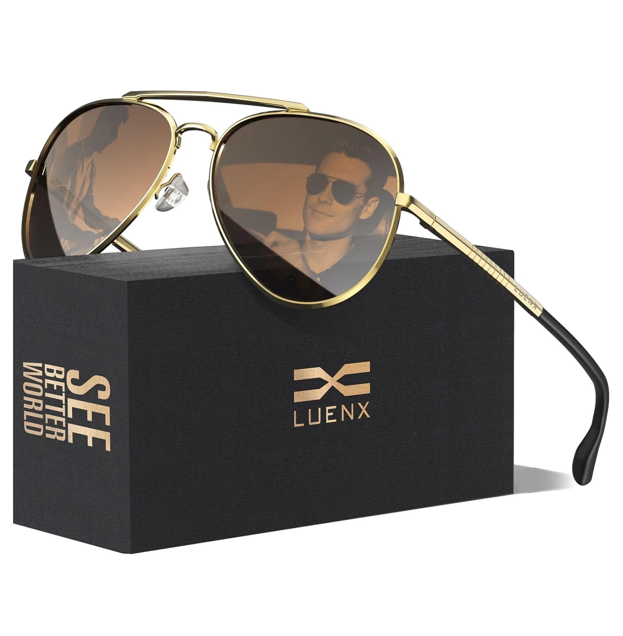 Luenx Aviator Polarized Sunglasses Men Women Classic UV400 Driving | Anti-Glare, Lightweight Metal Frame, Large Fit — Brown/Gold Frame