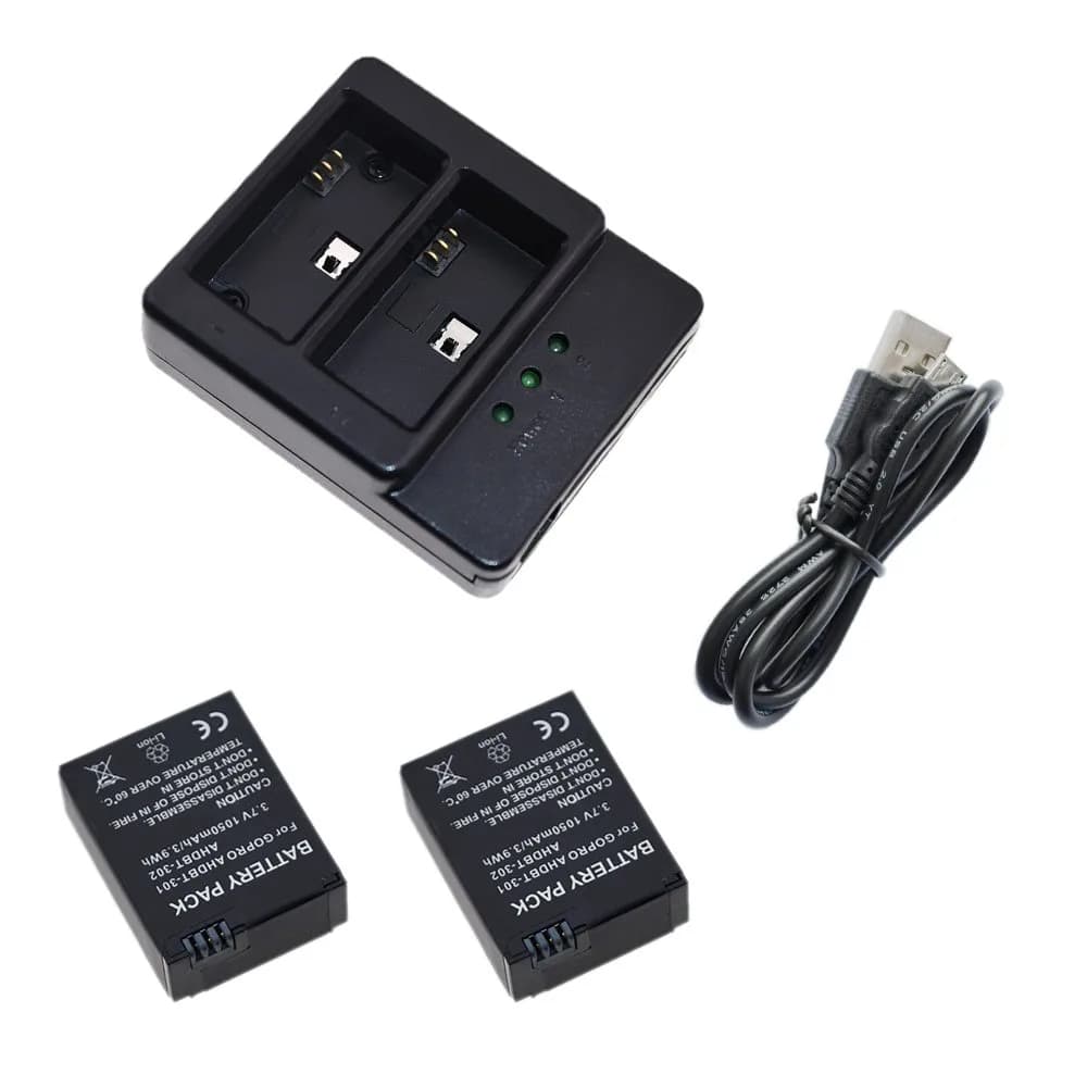 Suptig Dual Battery Charger and 2x 1050mAh Batteries for GoPro Hero 3 & 3+ | 3.7V Li-ion — Black