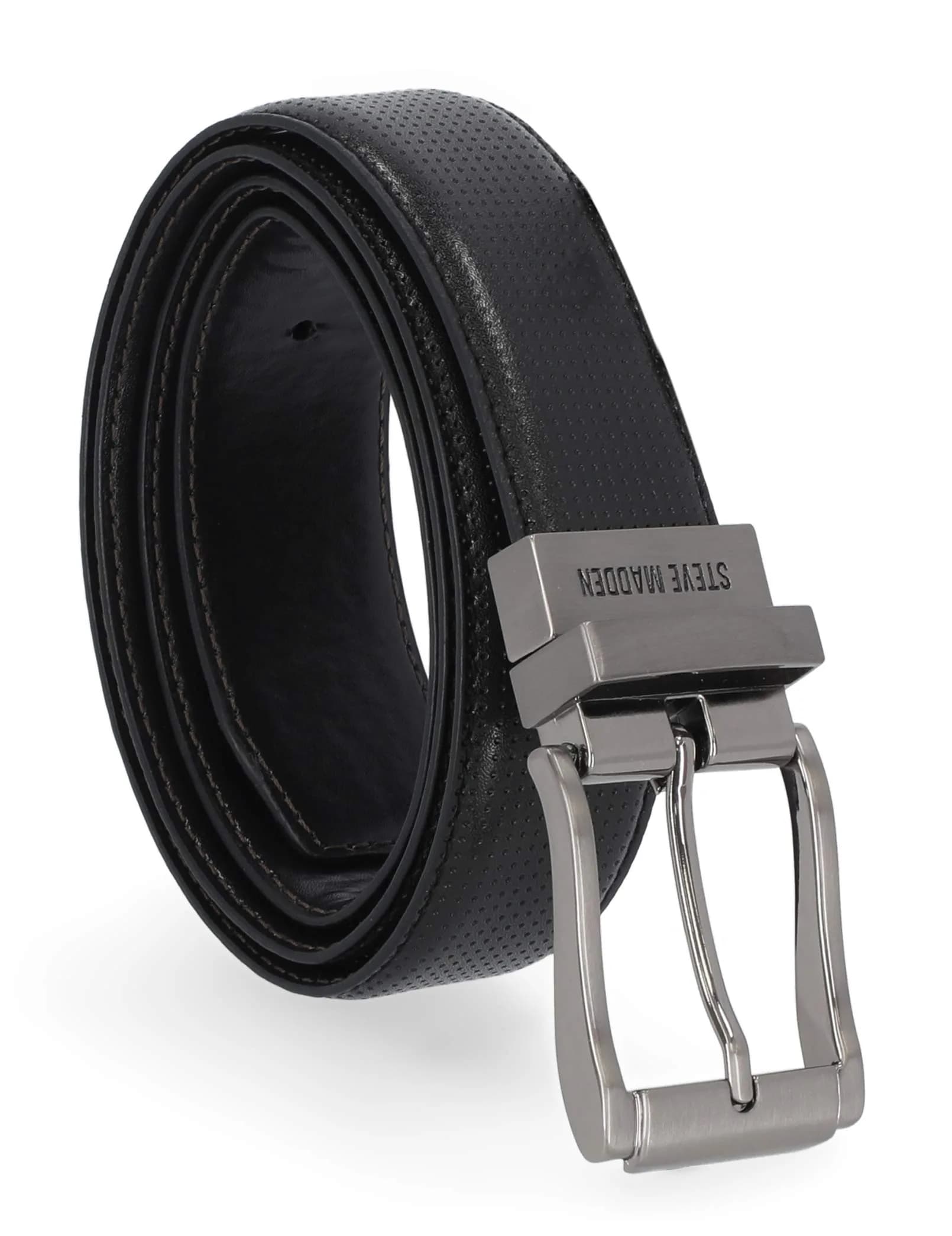 Steve Madden Reversible Men's Dress Casual Leather Belt, 32 | Versatile & Fashionable — Black/Brown (Perforated)