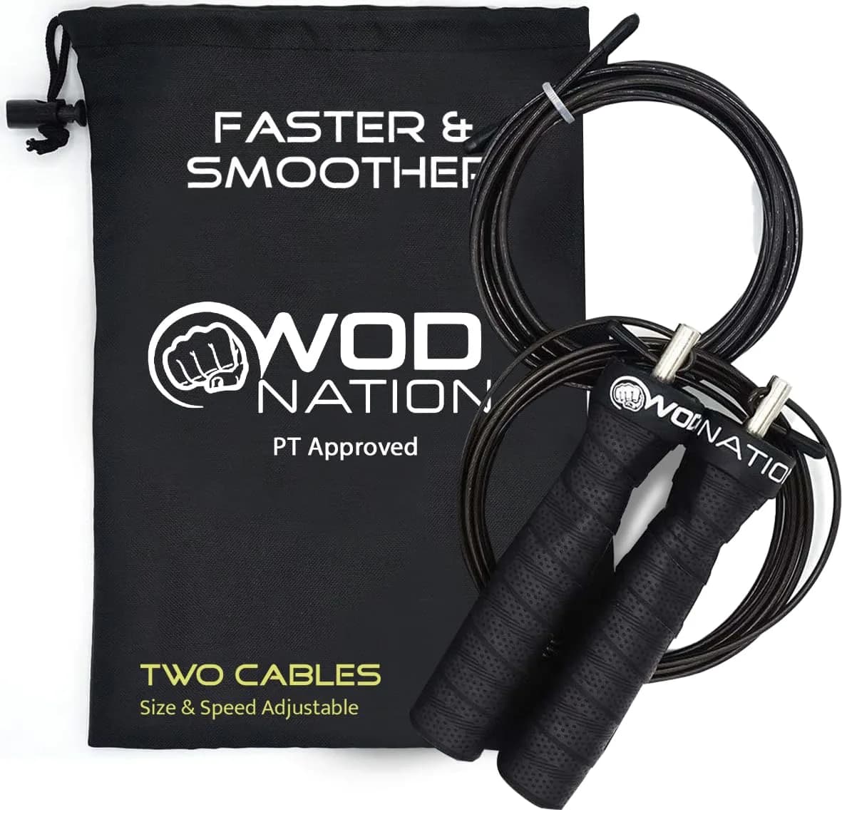 WOD Nation Attack Speed Jump Rope - Black Alloy Steel Handles, 11 ft (3.35 m) with 2.2 mm & 3.3 mm Cables | Dual-Cable System for Fitness & Double Unders — Black