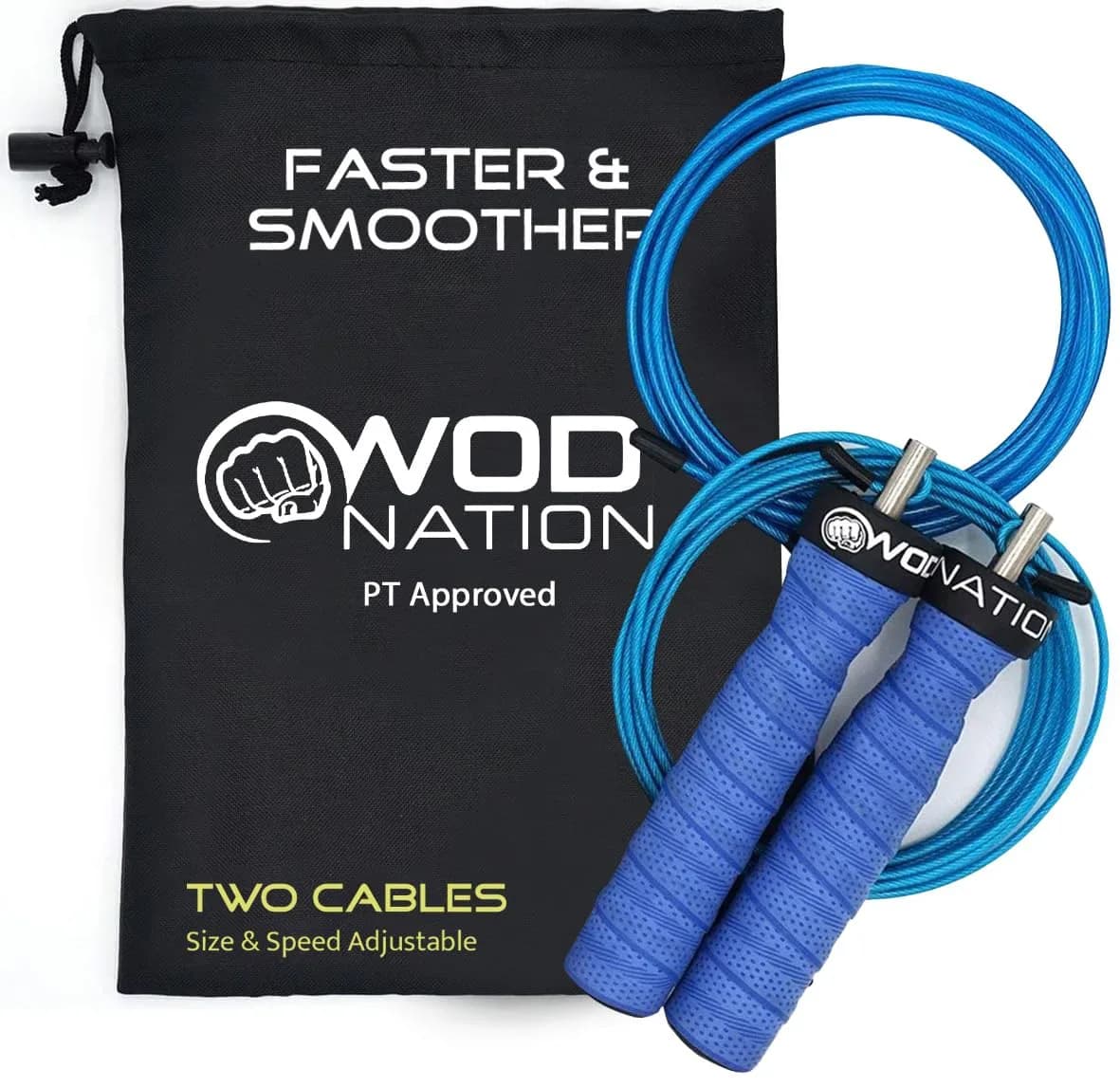 WOD Nation Attack Speed Jump Rope - Black Alloy Steel Handles, 11 ft (3.35 m) with 2.2 mm & 3.3 mm Cables | Dual-Cable System for Fitness & Double Unders — Blue