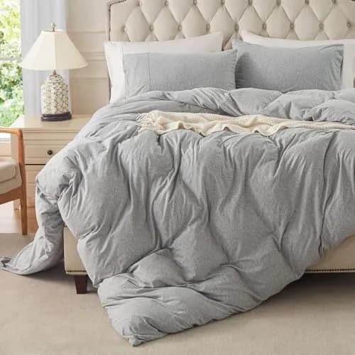 PURE ERA Jersey Knit Duvet Cover Set Heather Grey Queen | Ultra Soft, Breathable Cotton, Zipper & Corner Ties thumbnail 1