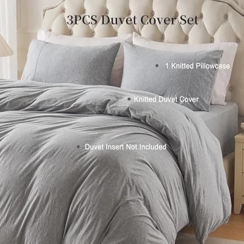 PURE ERA Jersey Knit Duvet Cover Set Heather Grey Queen | Ultra Soft, Breathable Cotton, Zipper & Corner Ties thumbnail 4