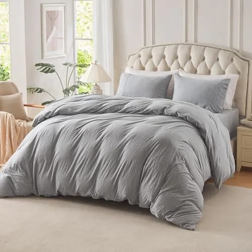 PURE ERA Jersey Knit Duvet Cover Set Heather Grey Queen | Ultra Soft, Breathable Cotton, Zipper & Corner Ties thumbnail 2