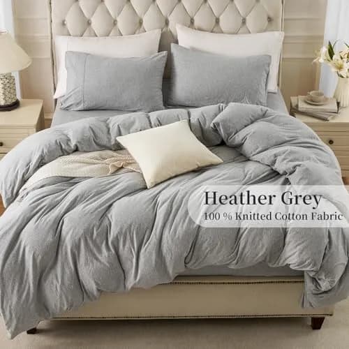 PURE ERA Jersey Knit Duvet Cover Set Heather Grey Queen | Ultra Soft, Breathable Cotton, Zipper & Corner Ties thumbnail 3