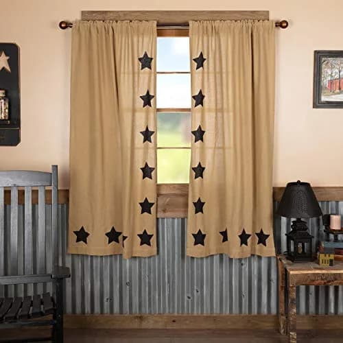 VHC Brands Burlap Natural with Black Stars Primitive 63"x36" Panel Pair Tan Rod Pocket Cotton Tie Back(s) Window Curtains thumbnail 1