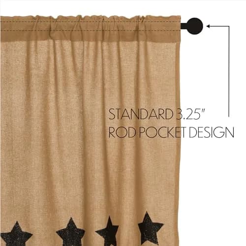 VHC Brands Burlap Natural with Black Stars Primitive 63"x36" Panel Pair Tan Rod Pocket Cotton Tie Back(s) Window Curtains thumbnail 5