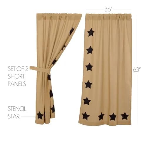 VHC Brands Burlap Natural with Black Stars Primitive 63"x36" Panel Pair Tan Rod Pocket Cotton Tie Back(s) Window Curtains thumbnail 2