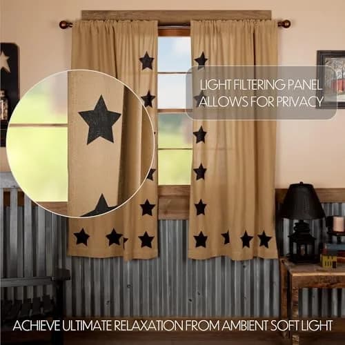 VHC Brands Burlap Natural with Black Stars Primitive 63"x36" Panel Pair Tan Rod Pocket Cotton Tie Back(s) Window Curtains thumbnail 3