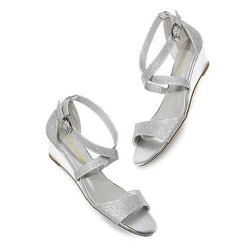 DREAM PAIRS Women's Low Wedge Sandals Ankle Strap Open Toe Size 9.5 Silver | Summer Dress Shoes thumbnail 5