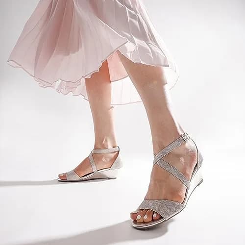 DREAM PAIRS Women's Low Wedge Sandals Ankle Strap Open Toe Size 9.5 Silver | Summer Dress Shoes thumbnail 2