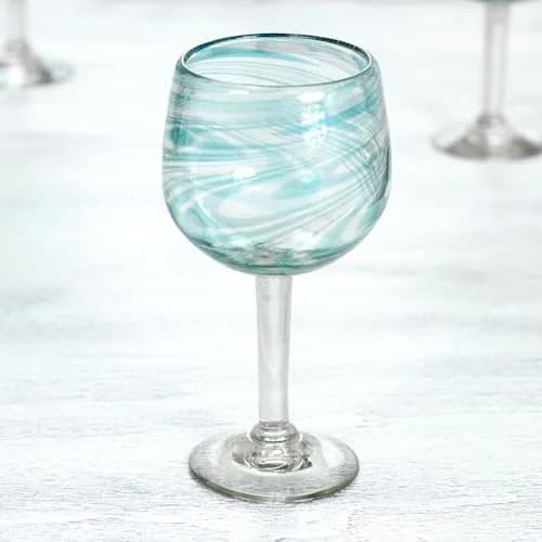 NOVICA Clear Blue Glass Hand Blown Wine Glasses, 13 Oz., 'Elegant Aqua Swirl' (Set Of 6) | Handcrafted Recycled Glass thumbnail 5