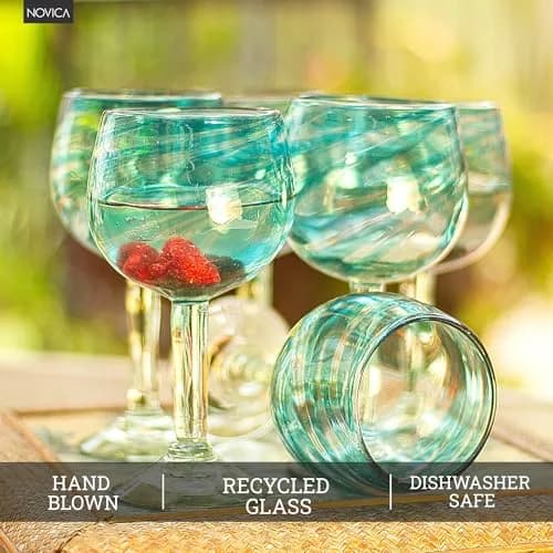 NOVICA Clear Blue Glass Hand Blown Wine Glasses, 13 Oz., 'Elegant Aqua Swirl' (Set Of 6) | Handcrafted Recycled Glass thumbnail 3
