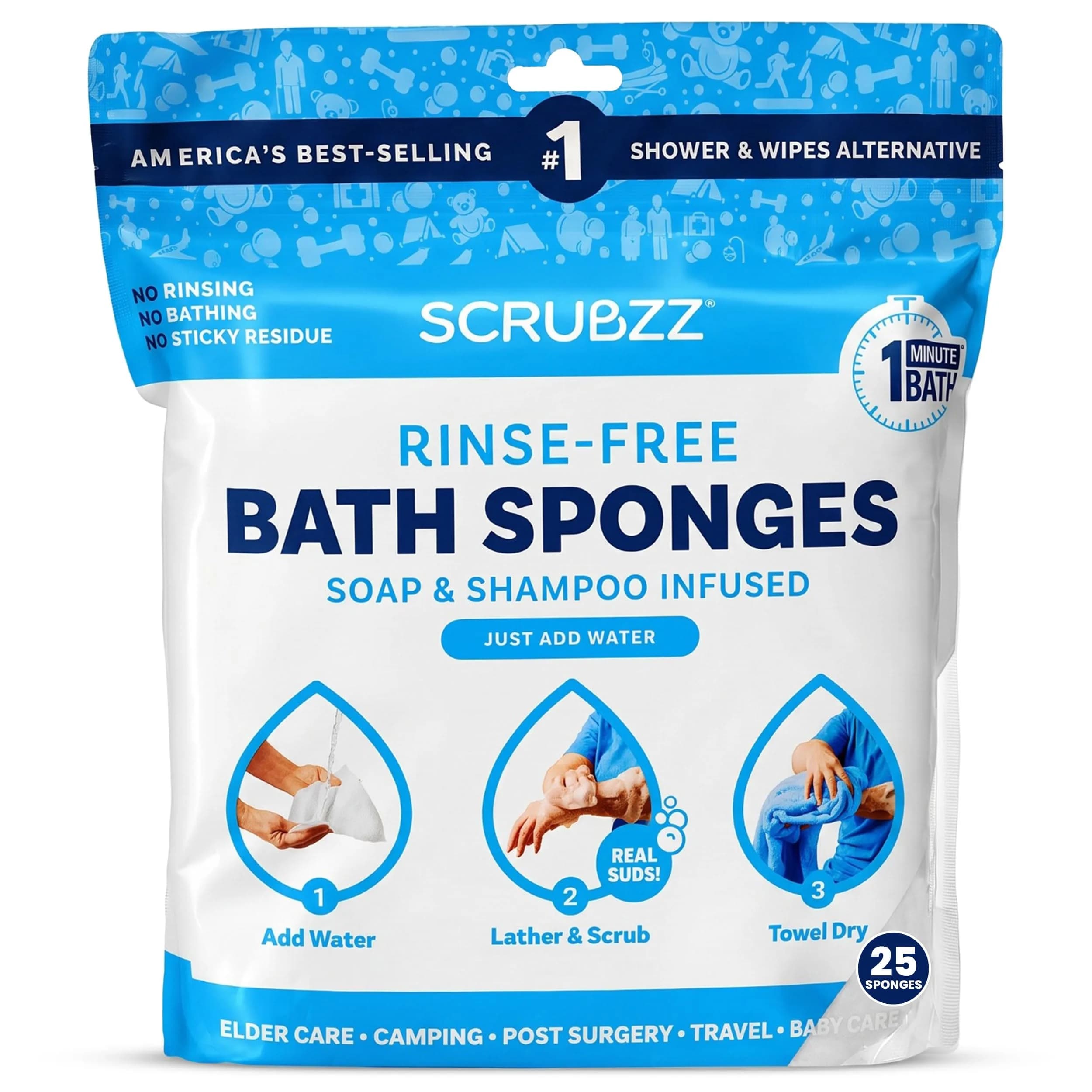 Scrubzz Disposable Rinse Free Bathing Wipes 25 Count (Pack of 1) | All-in-1 Single Use Shower Wipes — Unscented