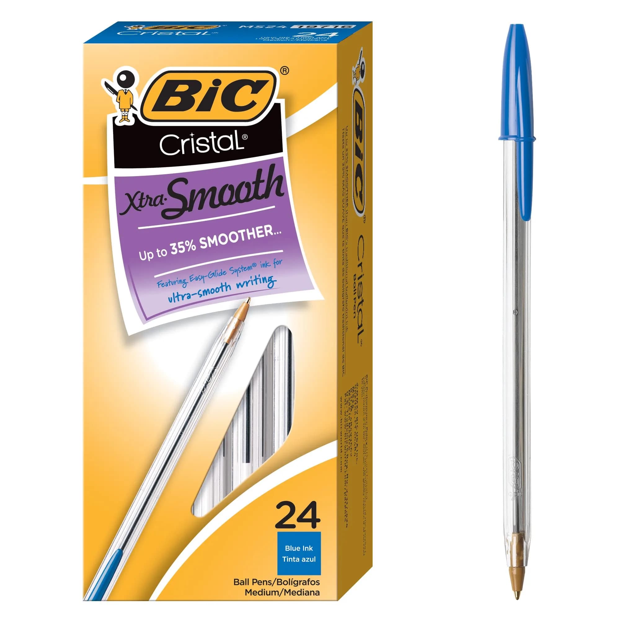 BIC Cristal Xtra Smooth Ballpoint Pens, Black, 24-Count | Smooth Ink Flow for Everyday Writing — Blue Ink / Medium Point (1.0mm)