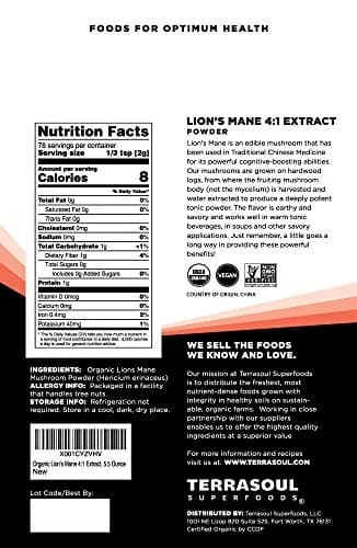 Terrasoul Superfoods Organic Lion's Mane Mushroom Powder (4:1 Extract), 5.5 Ounces | Supports Brain & Digestive Health thumbnail 2