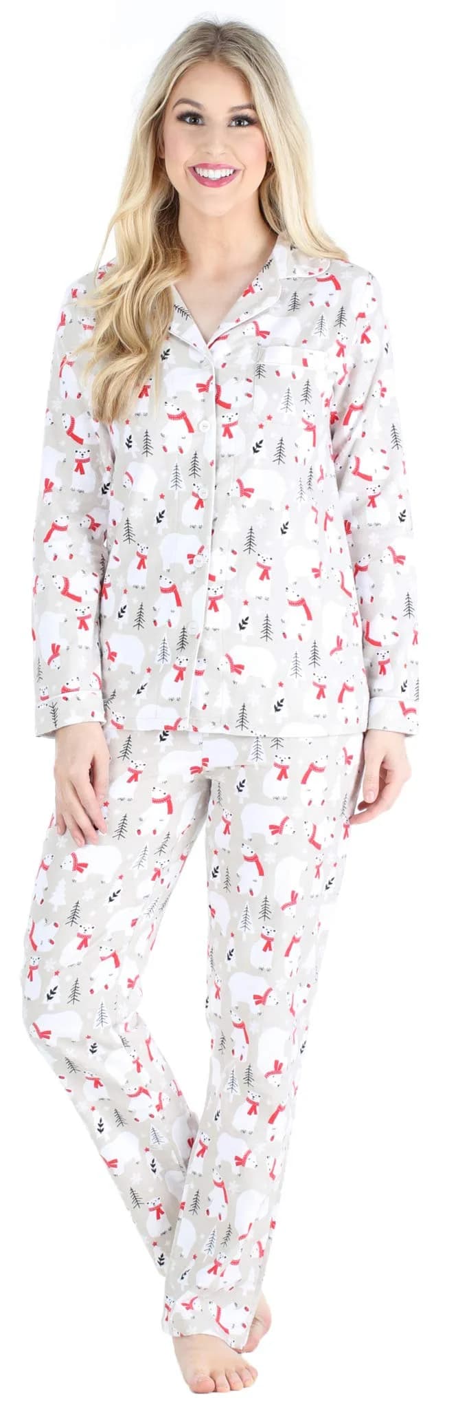 PajamaMania Women's Cotton Flannel Pajama Set, Navy Polka Dot, Medium | Relaxed Fit, Warm & Soft for Indian Nights — Polar Bear
