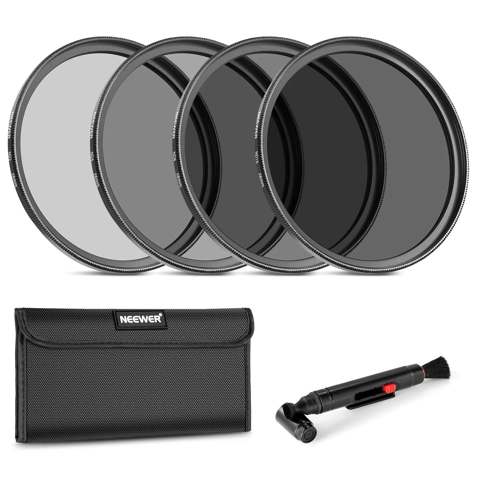 NEEWER 67mm ND Lens Filter Kit | ND2 ND4 ND8 ND16, Lens Cleaning Pen, Filter Pouch for DSLR Cameras — 58mm