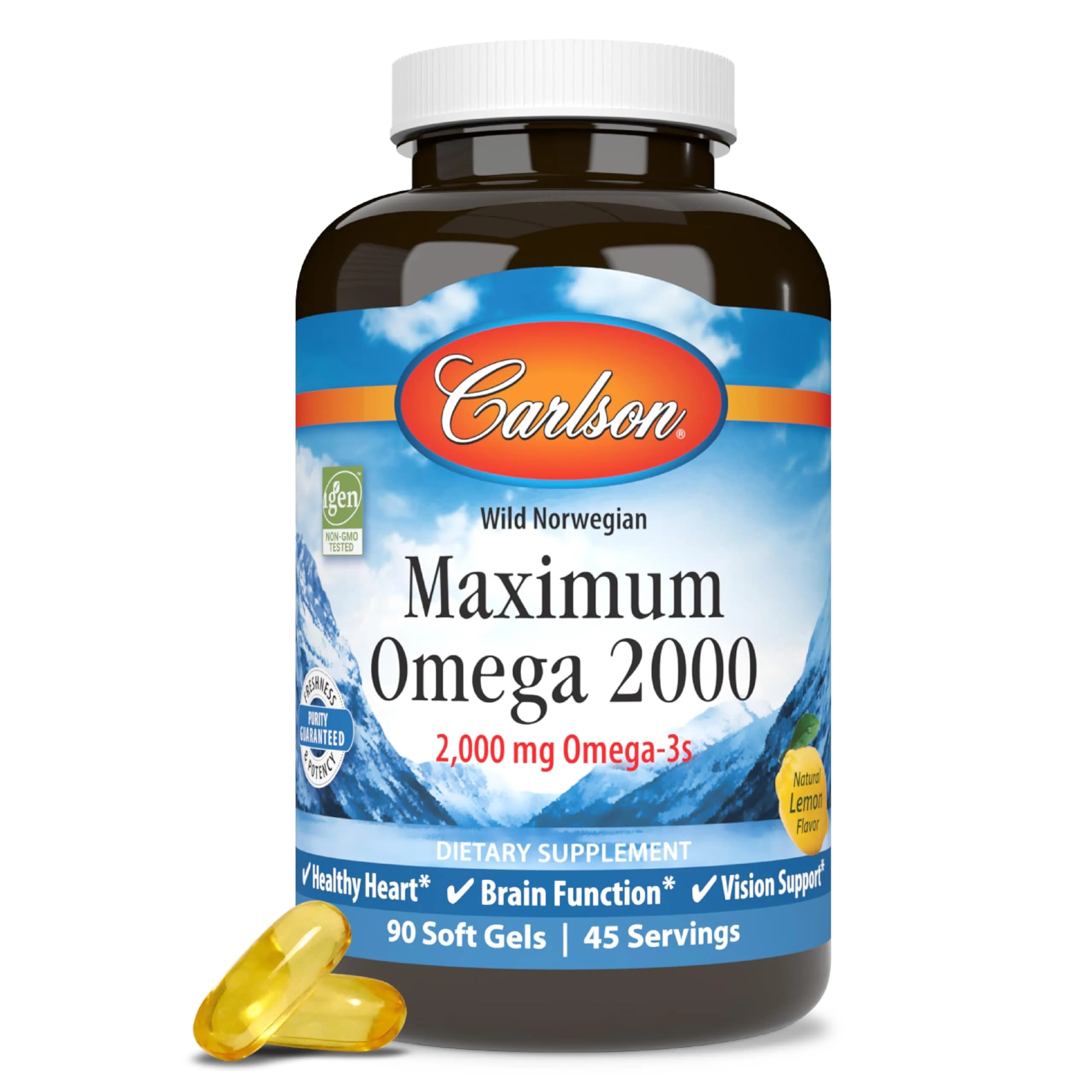 Carlson Maximum Omega 2000 mg Softgels | Wild-Caught Lemon Omega-3 Supplement for Whole Body Health - main product image