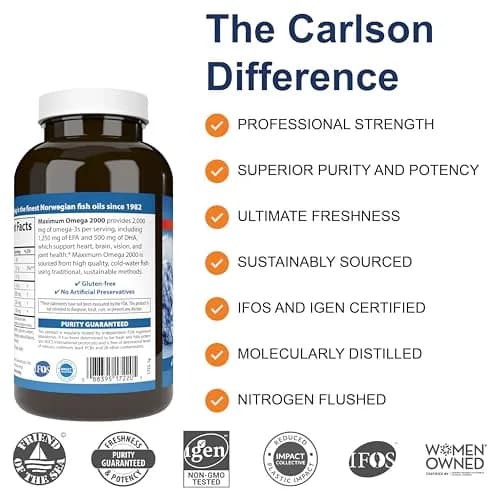 Carlson Maximum Omega 2000 mg | Wild-Caught Fish Oil Capsules with EPA & DHA, Lemon, 180 Softgels thumbnail 2