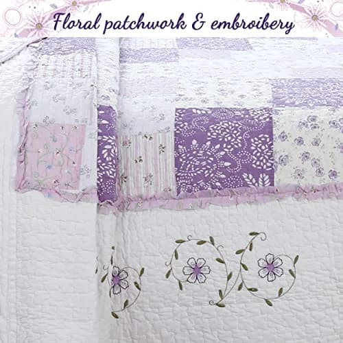 Cozy Line Home Fashions 100% Cotton Patchwork Quilt Set | Reversible Lilac Floral Bedspread (Queen) thumbnail 6