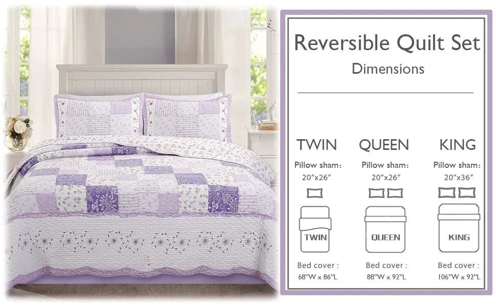 Cozy Line Home Fashions 100% Cotton Patchwork Quilt Set | Reversible Lilac Floral Bedspread (Queen) thumbnail 7