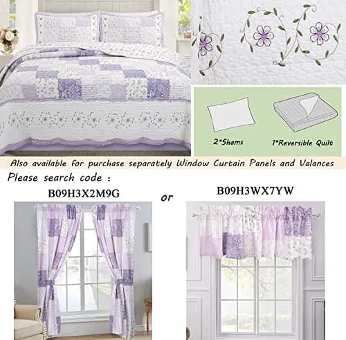Cozy Line Home Fashions 100% Cotton Patchwork Quilt Set | Reversible Lilac Floral Bedspread (Queen) thumbnail 9