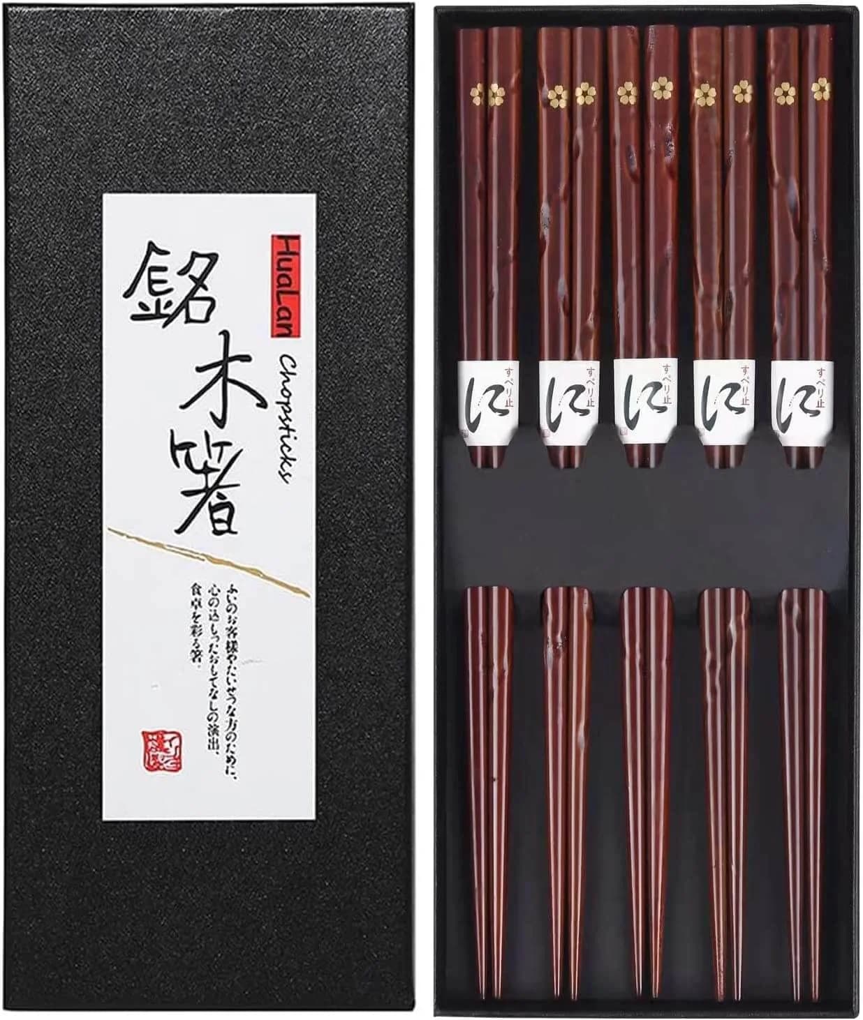 HuaLan Natural Wood Chopsticks 9 in | Non-slip, Reusable, Classic Style, 5 Pairs - main product image
