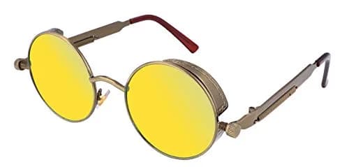 FEISEDY Retro Gothic Steampunk Sunglasses Round Metal Frame Bronze/Goldgreen | UV400 Protection thumbnail 1