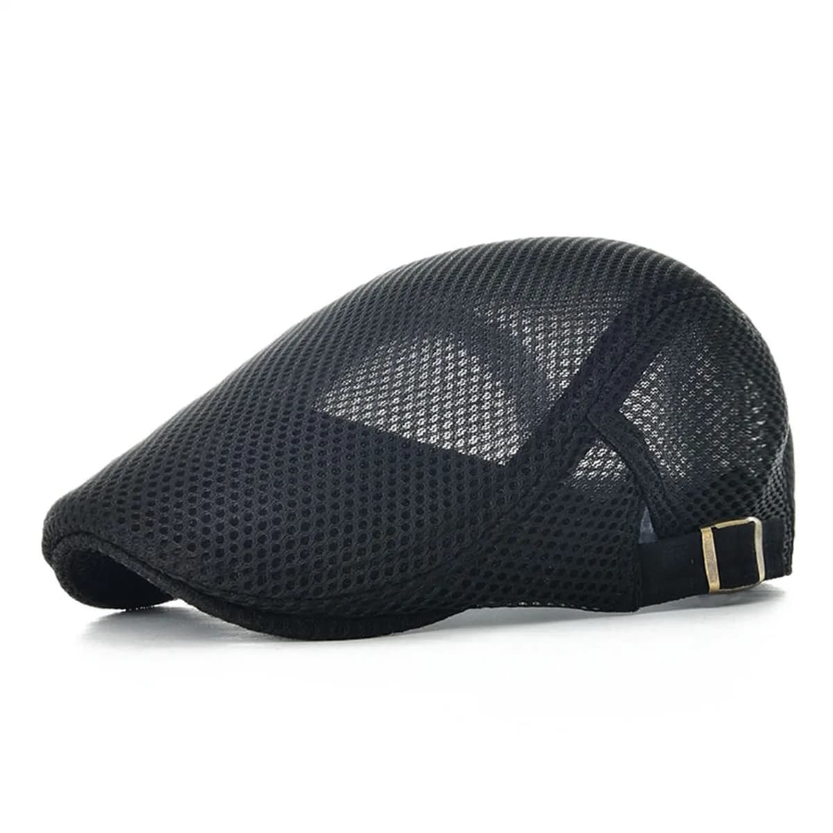 VOBOOM Men's Breathable Mesh Summer Hat Adjustable Newsboy Beret Ivy Cabbie Flat Cap Navy 57-60cm (2.25-2.36in) — Black