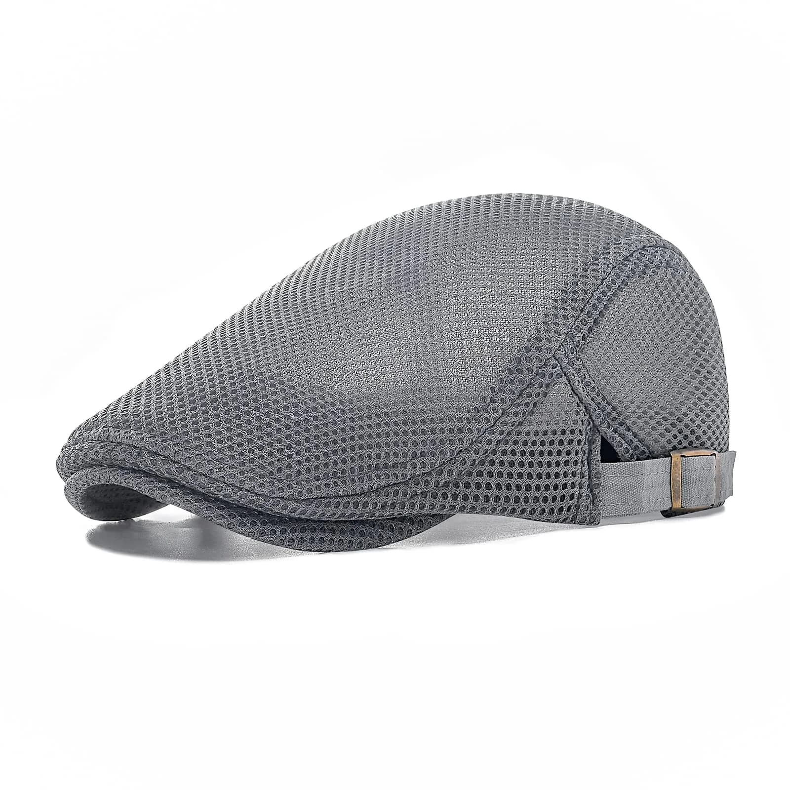 VOBOOM Men's Breathable Mesh Summer Hat Adjustable Newsboy Beret Ivy Cabbie Flat Cap (Grey) | Lightweight & Breathable