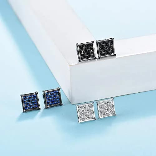 Tarsus 8mm Mens Square Earrings Blue Stud Diamond Crystal | Stainless Steel Jewelry thumbnail 5