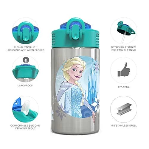 Zak Designs Frozen Stainless Steel Kids Water Bottle 444ml (15.5oz) | Leak-Proof Flip Straw for Ages 3+ thumbnail 2