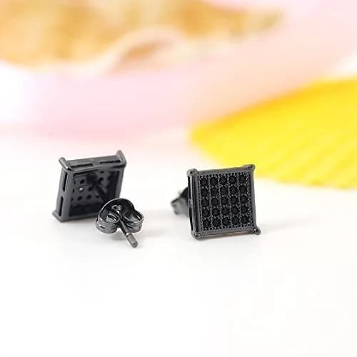 Tarsus 8mm Mens Square Earrings Black Stud Diamond Crystal | Stainless Steel thumbnail 3