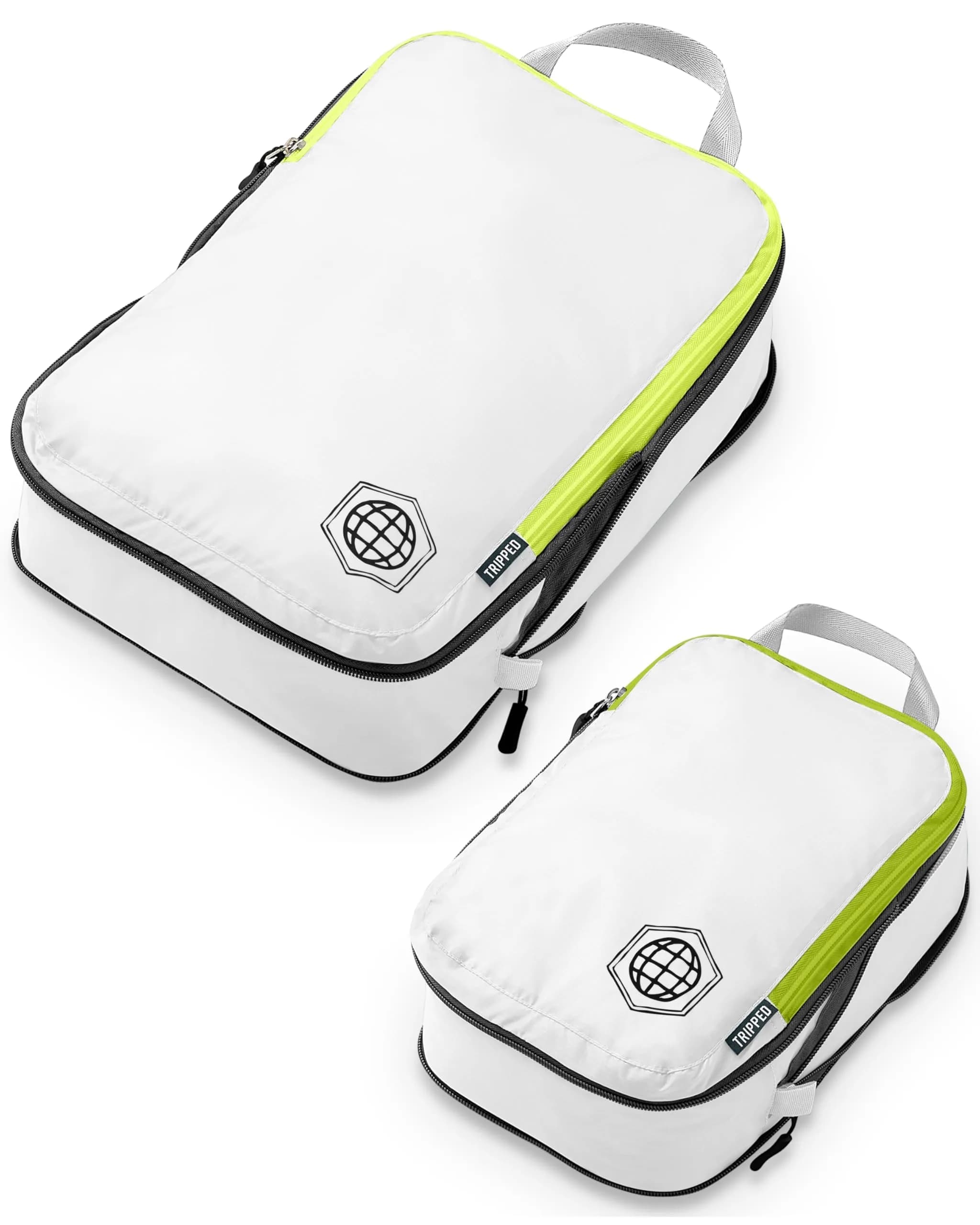 TRIPPED Travel Gear Compression Packing Cubes for Carry-On Travel 6-Pack | Ultralight Ripstop Nylon with Double-Stitched Zippers — White/Green / 2 Piece