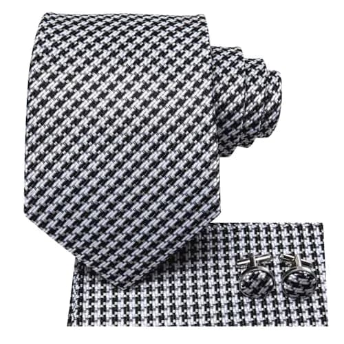 Hi-Tie Mens Black White Houndstooth Silk Necktie Set with Handkerchief & Cufflinks | Elegant Business & Wedding Accessory thumbnail 2