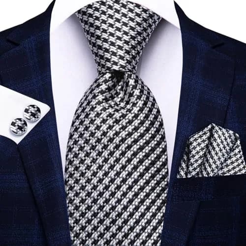 Hi-Tie Mens Black White Houndstooth Silk Necktie Set with Handkerchief & Cufflinks | Elegant Business & Wedding Accessory thumbnail 3