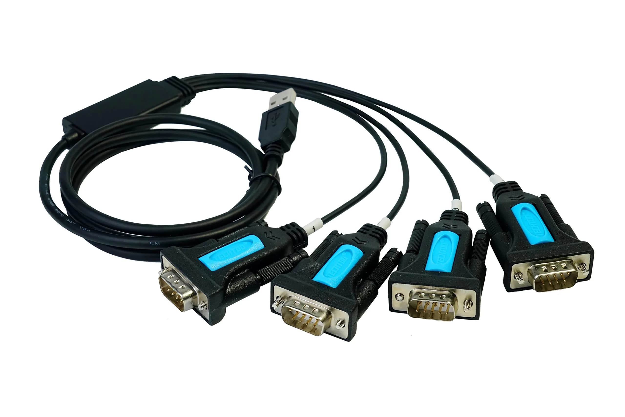 TECHTOO 4-Port USB to RS232 DB9 Serial Adapter Cable Male-to-Male with FTDI Chip | Connects 4 Serial Devices