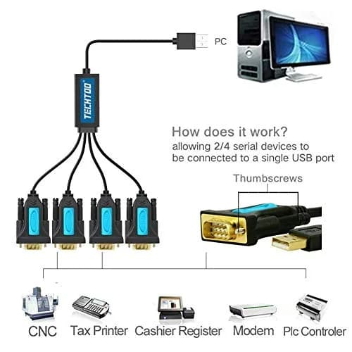 TECHTOO 4-Port USB to RS232 DB9 Serial Adapter Cable Male-to-Male with FTDI Chip | Connects 4 Serial Devices thumbnail 3