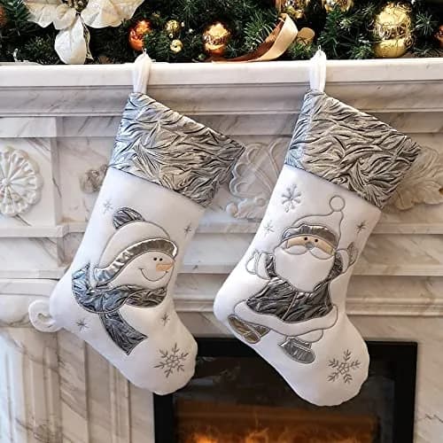 WEWILL Classic White Silvery Christmas Stockings Set of 2 Santa, Snowman Xmas Character Fireplace Hanging Stockings 43.18 cm (17 inch) | Festive Holiday Decor thumbnail 1